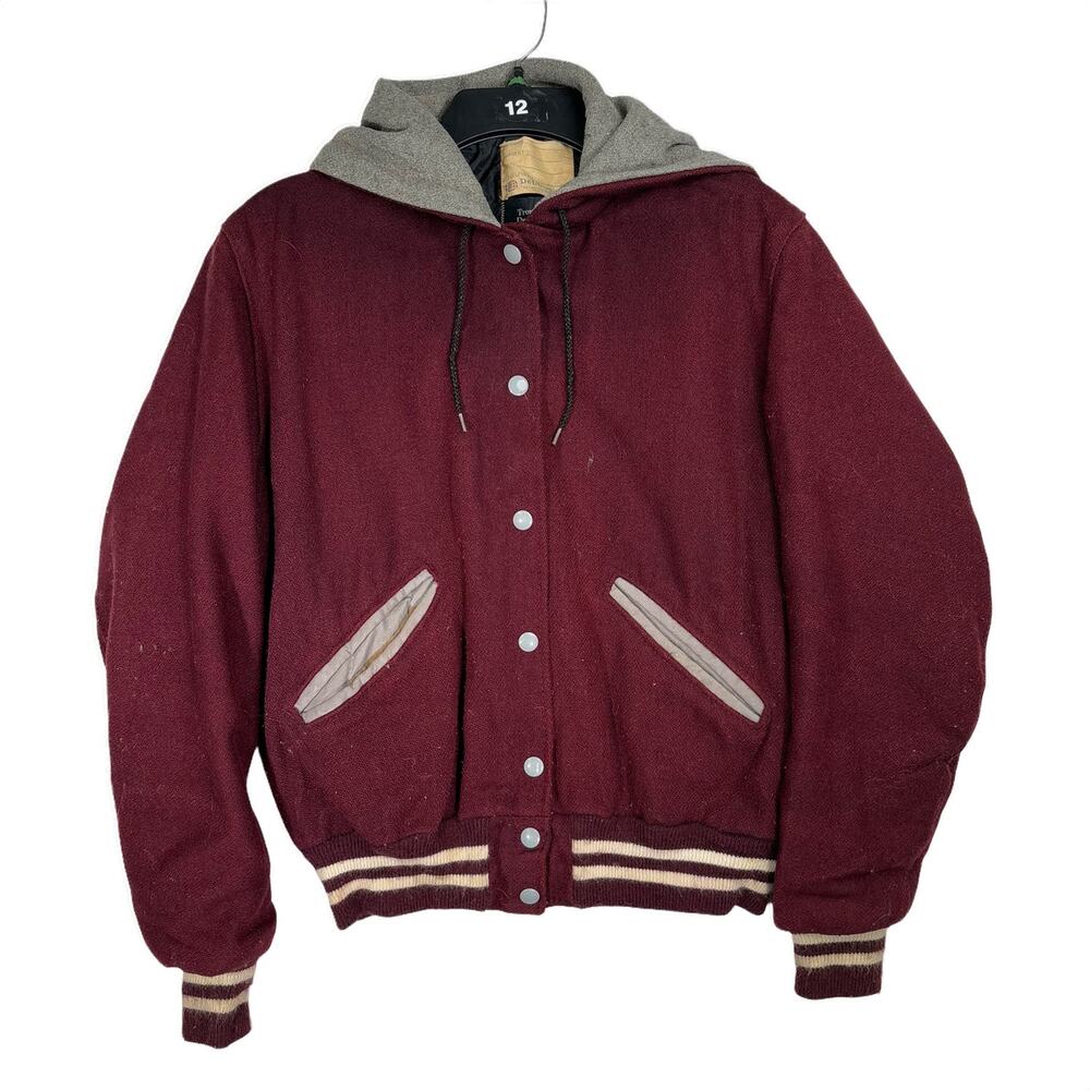 Vtg 90s DeLong‎ USA Made Wool Varsity Letterman Jacket 38 M Maroon Zipper Hood